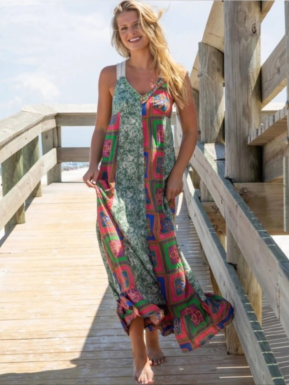 NATURAL LIFE | NWT Amina Boho Multicolor Lace Ruffle Hem Maxi Dress, Size Medium